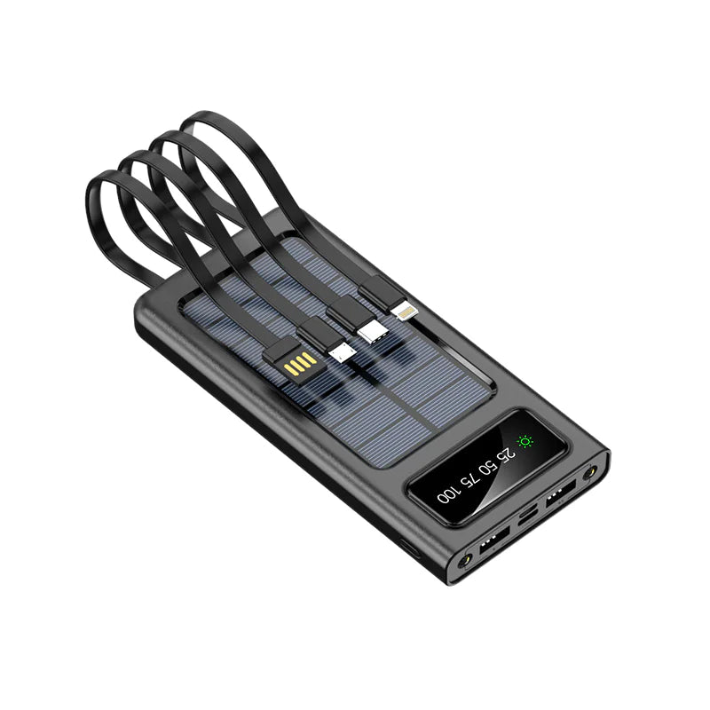 Solar Power Bank 20000mAh - Portable Charger with Built-in Cables